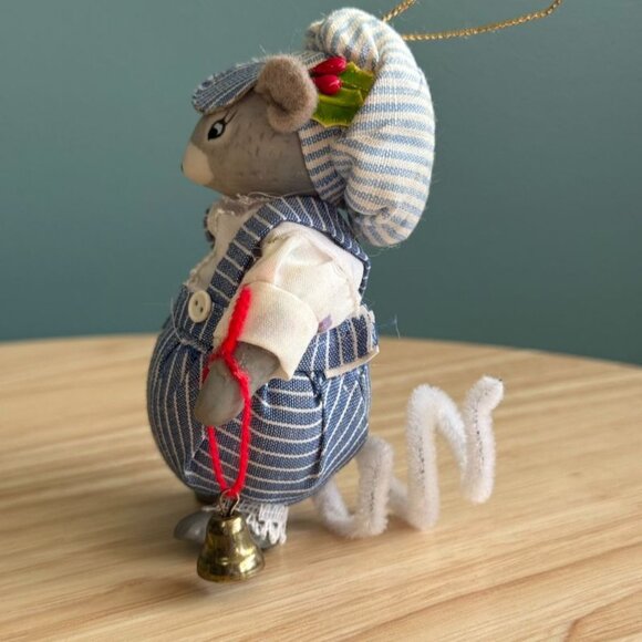 1983 Kurt Adler Christmas Ornament Porcelain Boy Mouse in Overalls Cap Bell - Picture 7 of 10